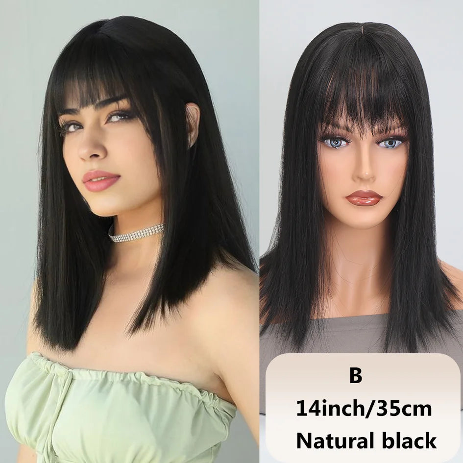 Syntetisk dameparykk med rett hår, 25 cm/30 cm pannelugg, topperstatning, tre kort, svart parykk/brun parykk/beige parykk/khaki parykk