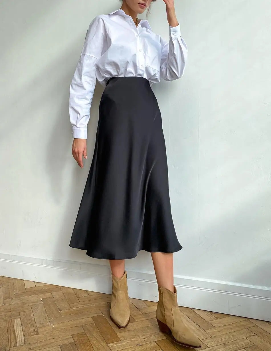 Faldas de satén de seda para mujer estilo coreano color champán para oficina, cintura alta, falda acampanada, moda elegante, falda lápiz larga sólida 2025
