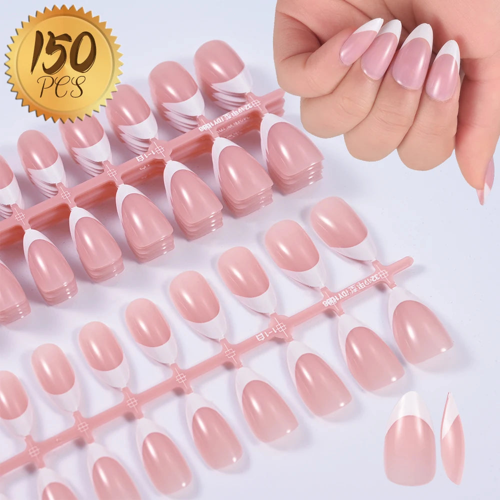 150/100/24Pcs Pink Matte French Press On Nail Tips Soft Full Cover Fake Nails Oval Almond False Nails Natural Extension Manicure