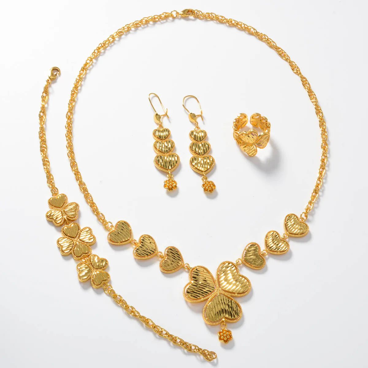 Juegos de joyas de Dubái: collar, pulsera, anillo, pendientes. Elegante diseño árabe chapado en oro para mujer. Regalo de lujo, joyería de boda.