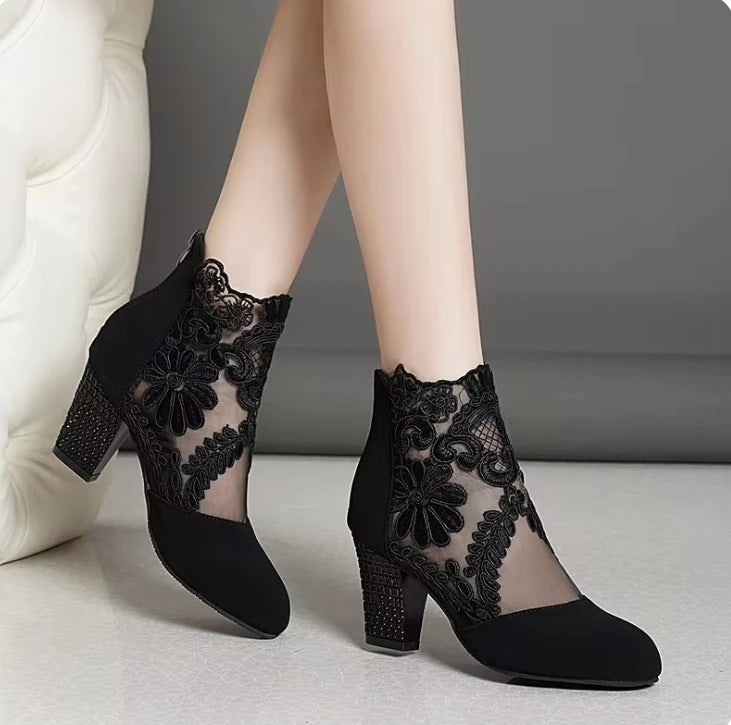 Zapatos de tacón de encaje para mujer, sandalias romanas de moda para mujer, zapatos de mujer transpirables, elegantes zapatos de tacón para mujer, nuevas sandalias de tacón de malla