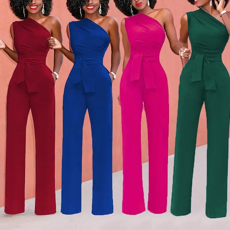 Damejumpsuit Ensfarget Skjev Krage Avskåret Topp Rette Bukser Belte Sexy Ermeløs Løse Bukser Elegant Sjarmerende Playsuits