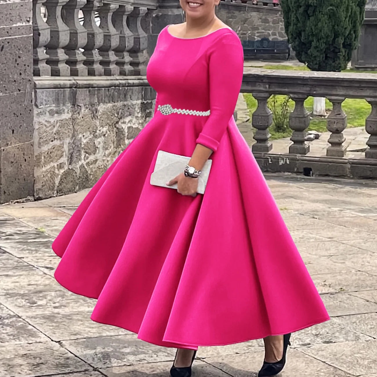 Vestidos de lujo para mujer, cuello redondo, manga larga, con cinturón en la cintura, cintura alta, plisados, línea A, hasta el tobillo, elegantes vestidos de cumpleaños para mujer