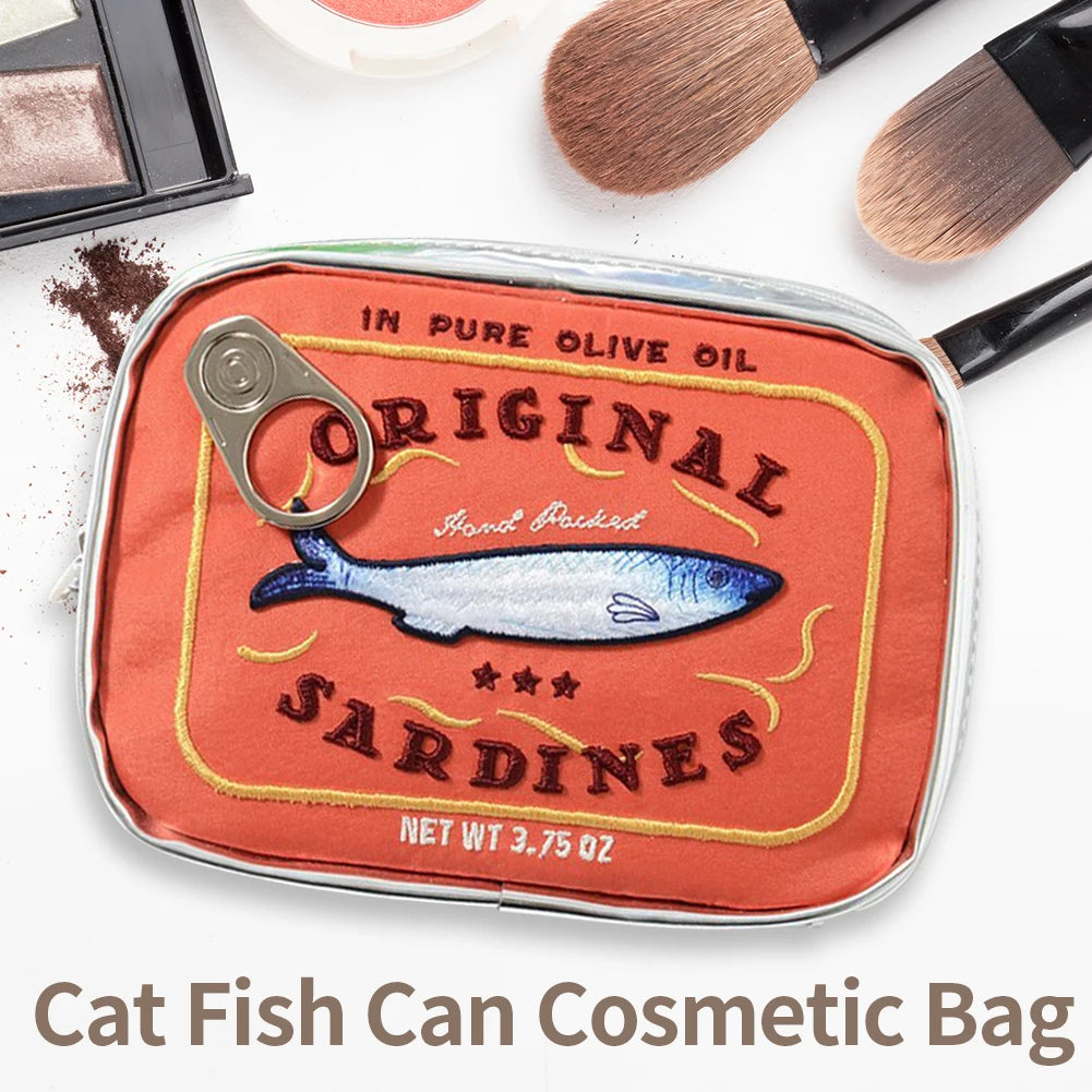 Bolsa de cosméticos única de sardinas enlatadas, bolsa de aseo portátil, bolsa de maquillaje con cremallera de moda para mujer, bolsa de viaje para hombre para vacaciones