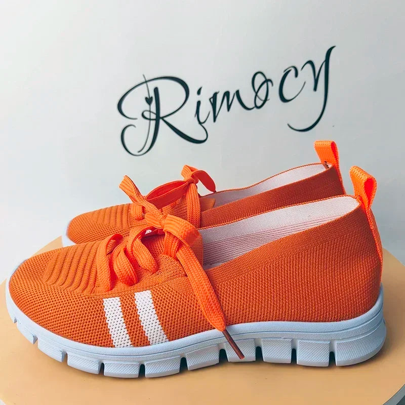 Zapatos planos de punto transpirables a rayas para mujer, zapatillas informales con cordones de suela blanda, mocasines ligeros antideslizantes de talla grande 43 para mujer