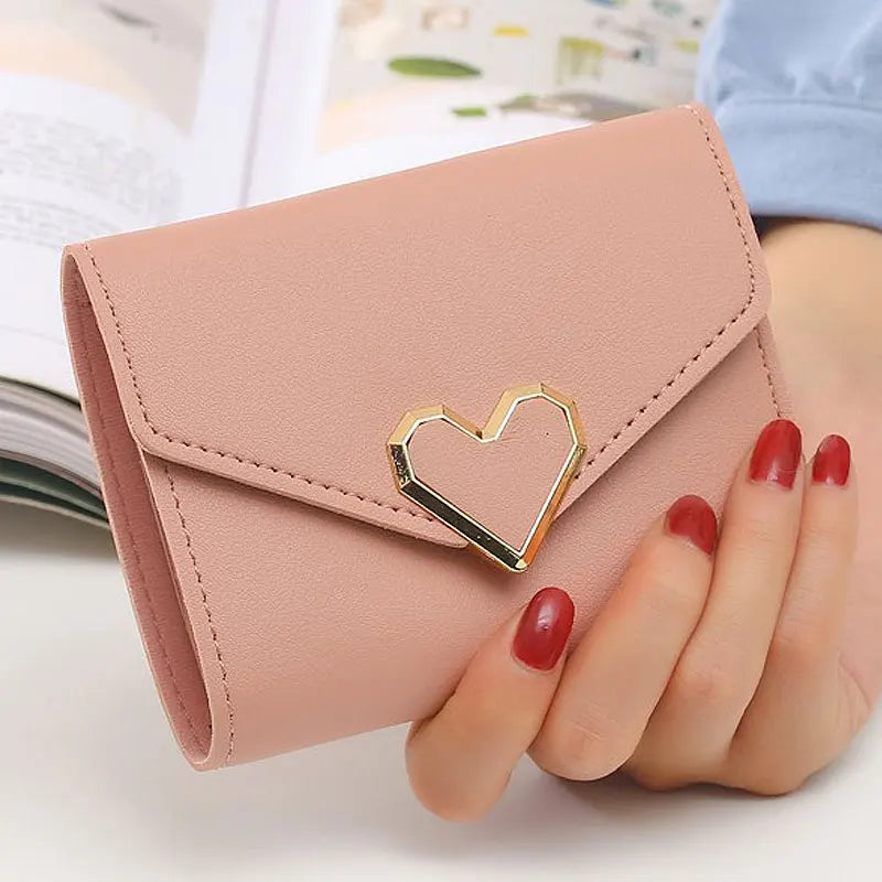 Portefeuille court pour femme, style Kpop, en forme de cœur, mignon, petit, en cuir PU de haute qualité, fin et simple