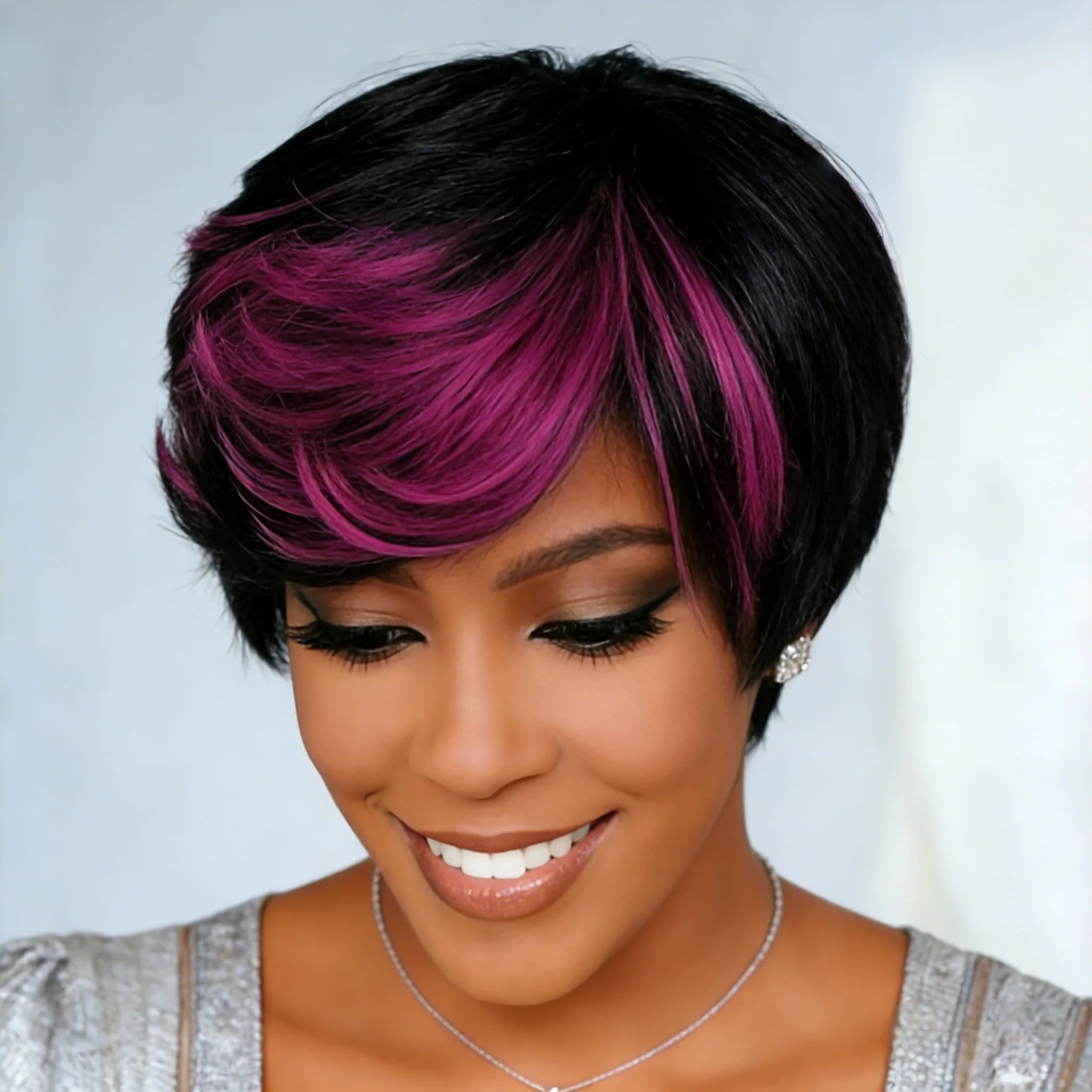 Pixie cut Straight Human Hair Short Wig for Women 1B Purple Full Machine Made Wig For Women