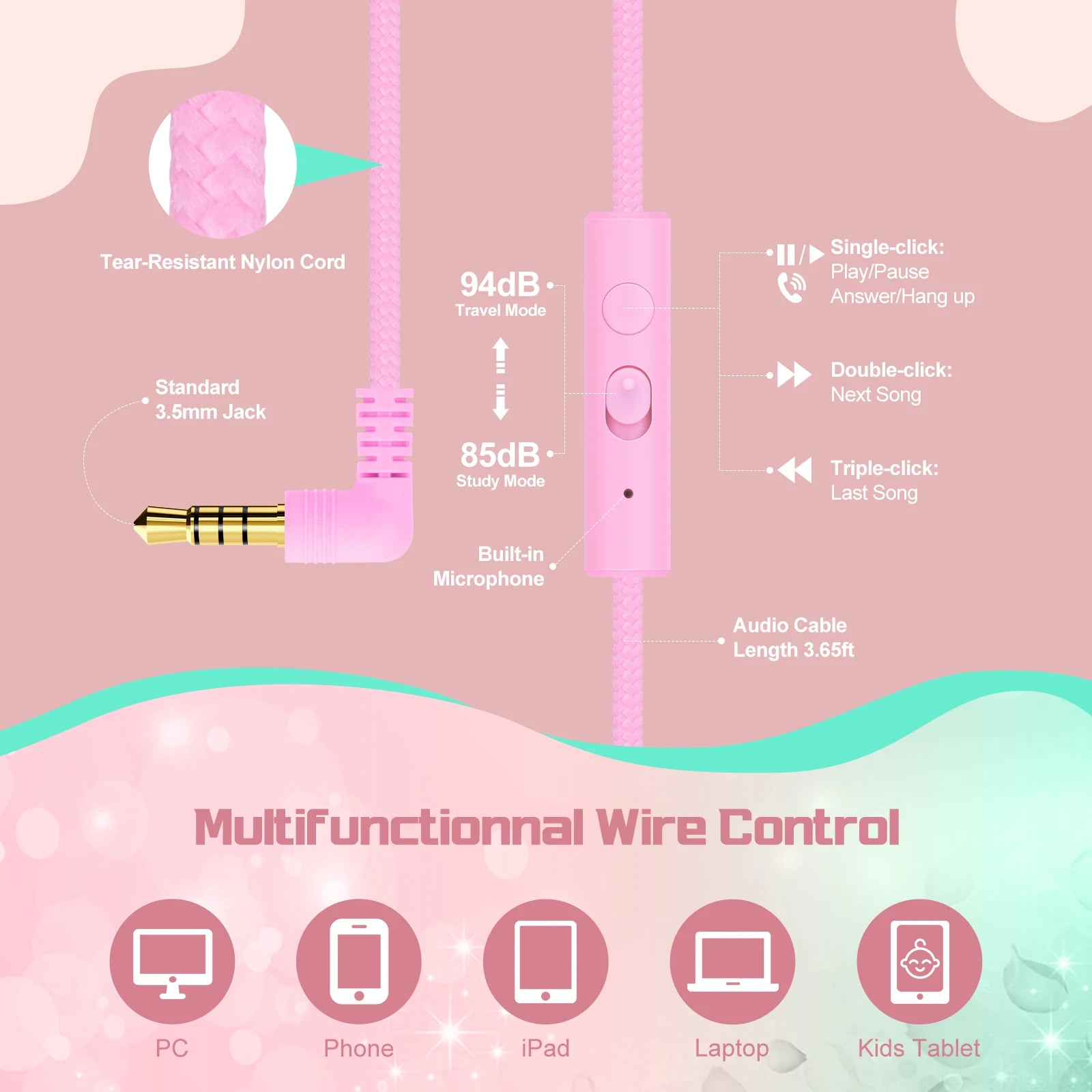 Casque filaire pour enfants pour l'école 85/94 dB Volume limité Casque supra-auriculaire pour enfants filles Casque de jeu pliable avec micro