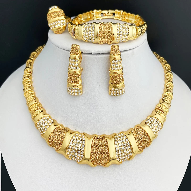 Juego de joyas de Dubái para mujer chapado en oro de 18 quilates, lujoso conjunto de collar, pendientes, pulsera y anillo, joyería para fiesta de boda, tendencia
