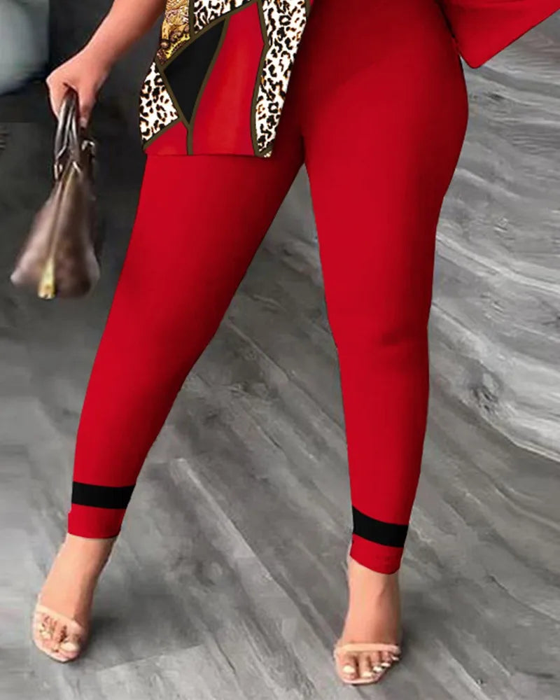 Conjuntos de dos piezas elegantes para mujer, nueva moda, estampado, top de manga con volantes, conjunto de pantalones de color sólido con cinturón, blusas, ropa femenina