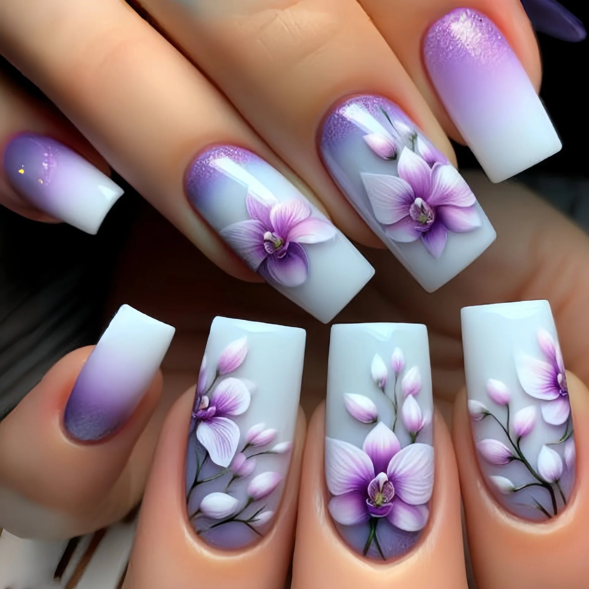 24 Piezas Uñas Postizas Ataúd Dulce Fresco Mariposa Flor Acrílico Brillo Uñas Falsas Brillantes Cubierta Completa Otoño Puntas de Uñas a Presión
