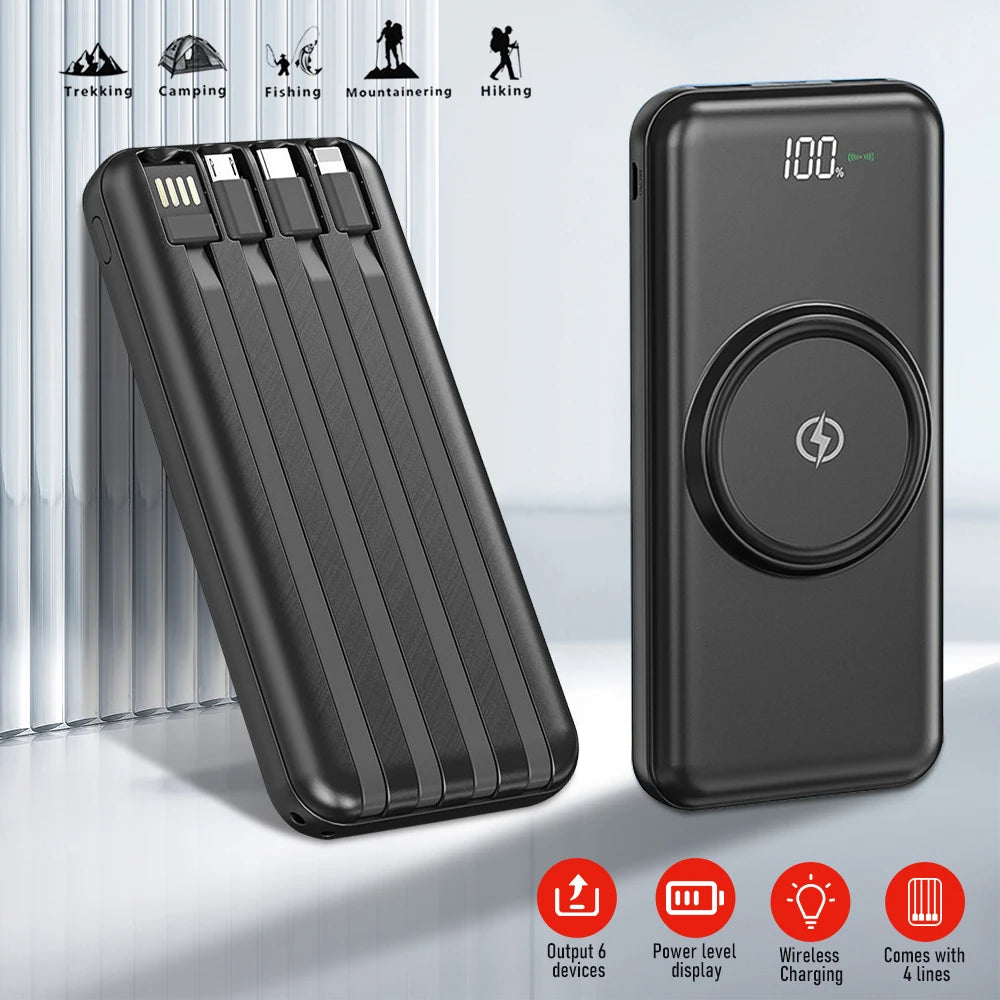 Batería externa de carga rápida inalámbrica, gran capacidad, USB, 4 en 1, carga superrápida, cable de alimentación cuádruple integrado, portátil, alta capacidad