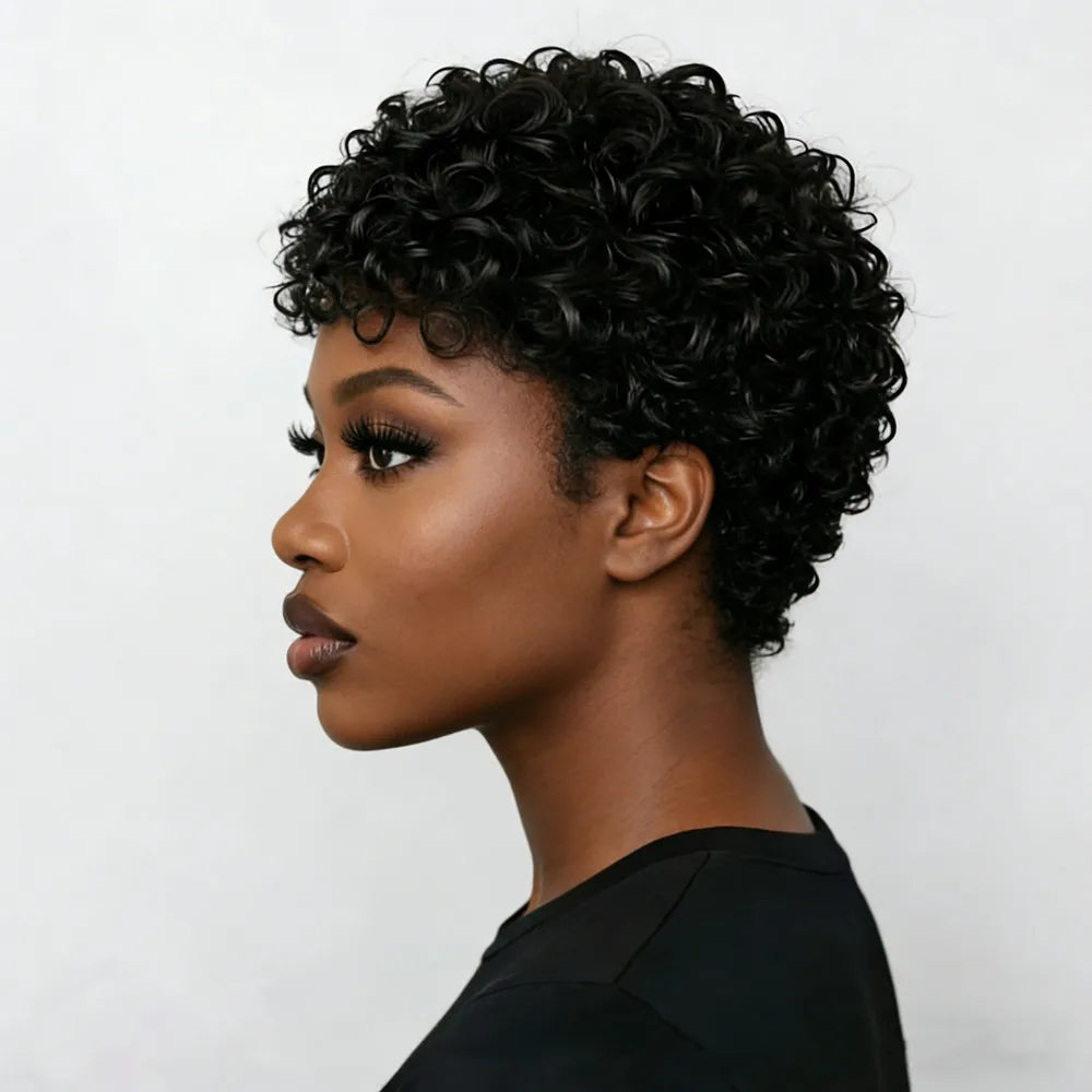 Peluca de cabello humano rizado corto, hecha a máquina, con densidad del 150%, corte pixie, 4 pulgadas, color negro, peluca corta de cabello humano afro rizado