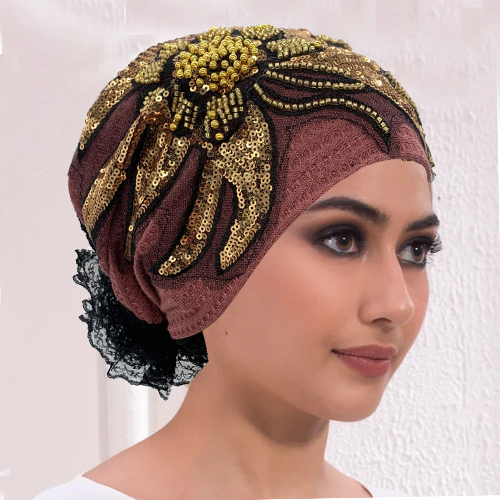 Sombrero turbante de encaje floral con diamantes de lujo, transpirable, pañuelo, gorro, envolturas para la cabeza, gorro de punto para mujer, cubierta para el cabello