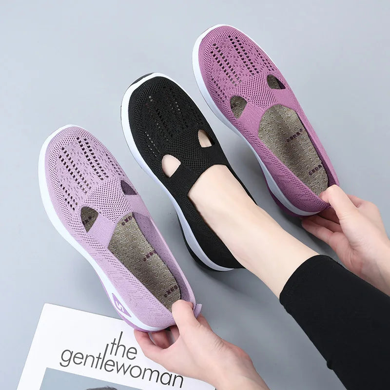 Zapatillas de verano para mujer de malla transpirable, ligeras, sin cordones, plataforma plana, informales, antideslizantes para caminar, tejidas