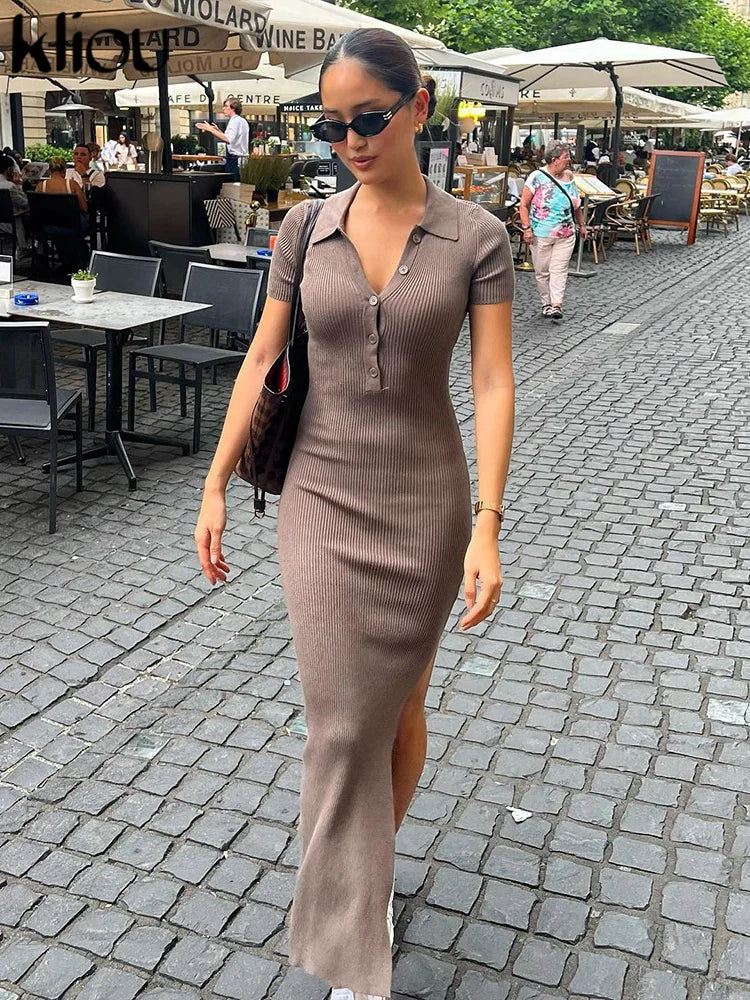 Kliou Elegante Vestido Largo de Oficina para Mujer Color Liso Cuello Vuelto Manga Corta Botones Abertura Lateral Moldeador de Cuerpo Estilo Urbano