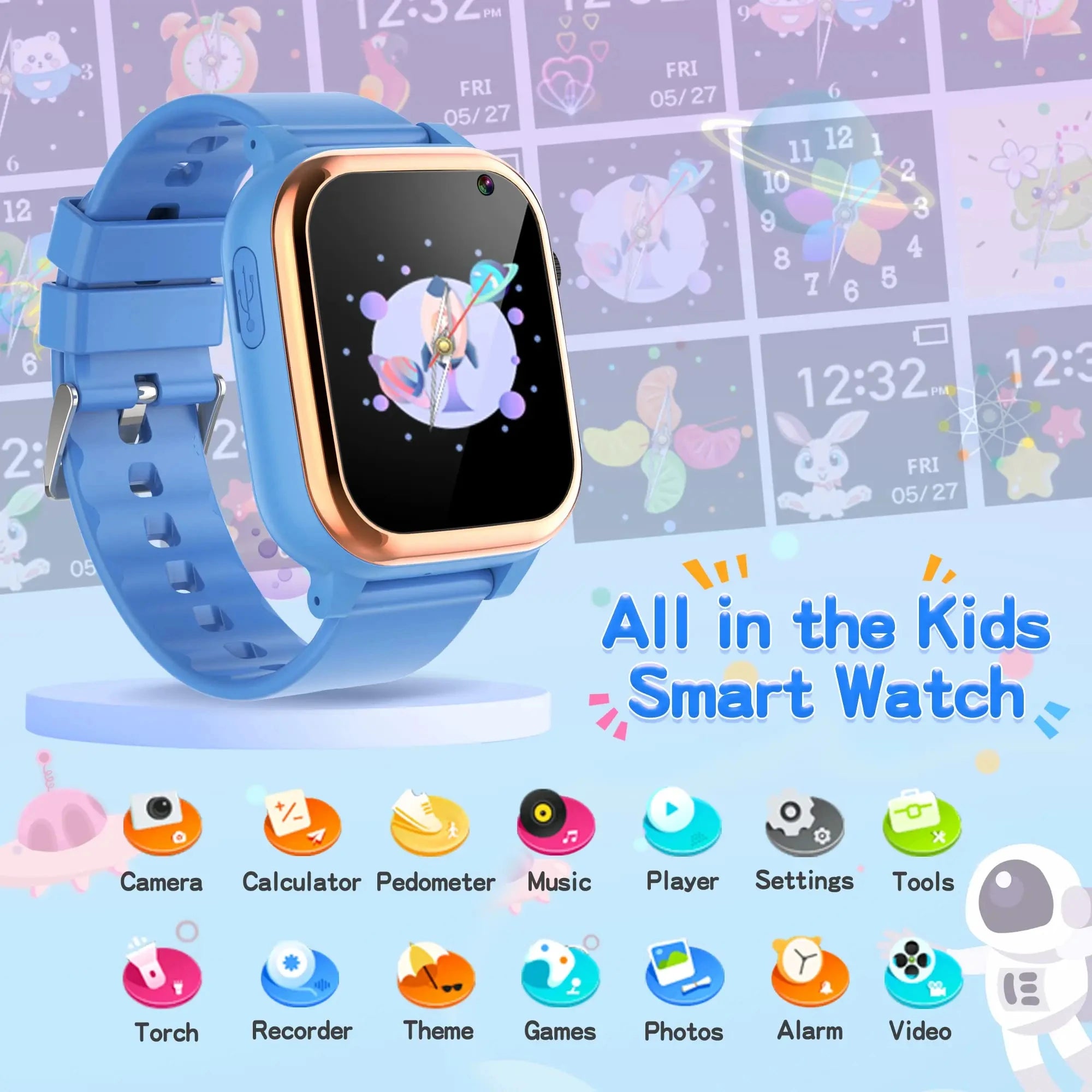 Montre connectée pour enfants, écran tactile HD, lecteur de musique, caméra, 16 jeux de puzzle, podomètre, calculatrice, lampe de poche, montre 12/24 h