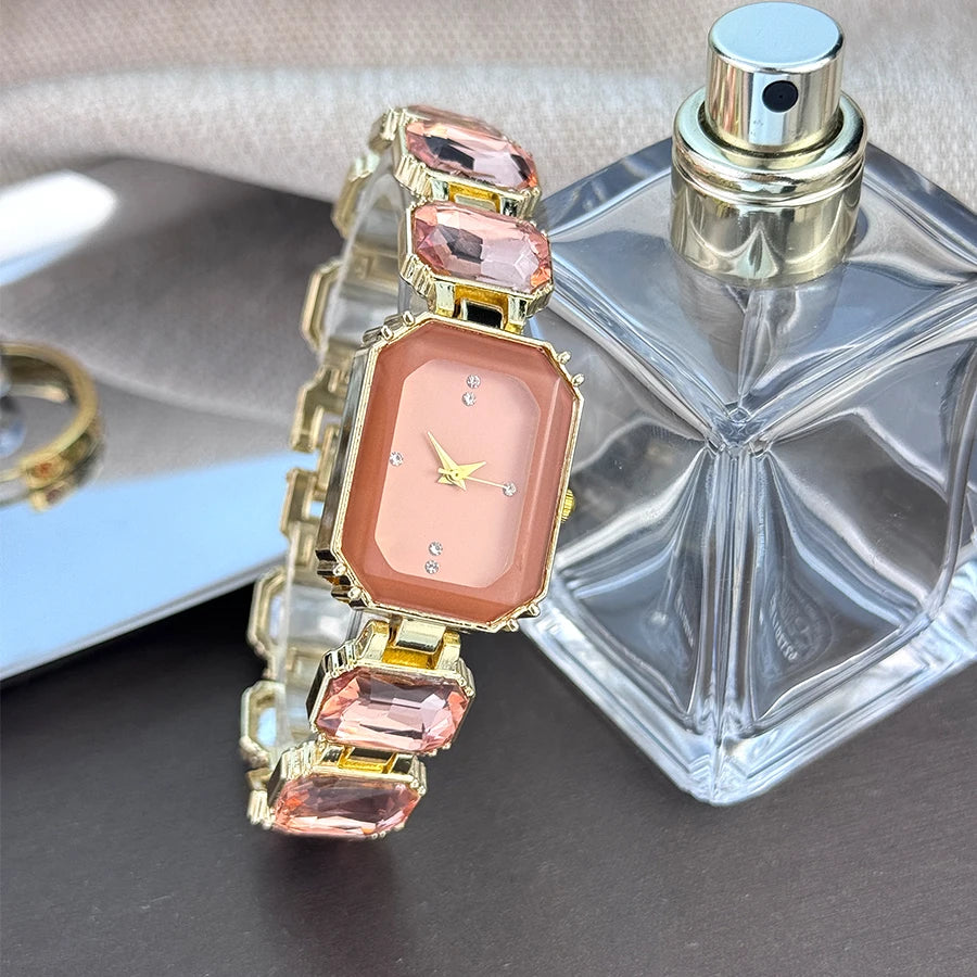 reloj de señora estilo europeo y americano de moda con esfera de diamantes de imitación, caja rectangular de color con cadena de diamantes de imitación, sección grande de mujer