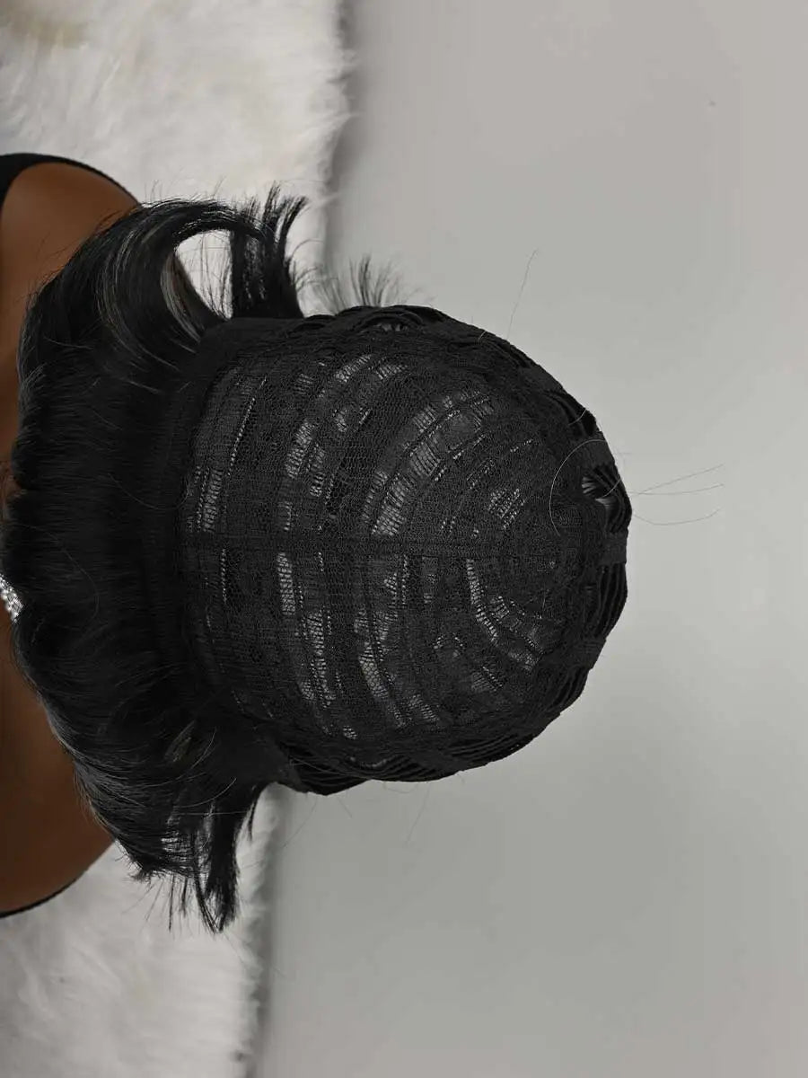 Short Wigs for Women Natural Layered black wigs with Bangs for Women Synthetic Curly Pixie Wigs Short Hair for Women Heat Resistant Fiber Wig for Daily Use (Grey Mixd Black)