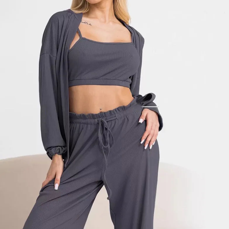 Conjuntos de pijama de otoño acogedores para mujer, 3 piezas, ropa de casa informal con top de tirantes, pantalón y cárdigan, talla grande, ropa de descanso suave para mujer