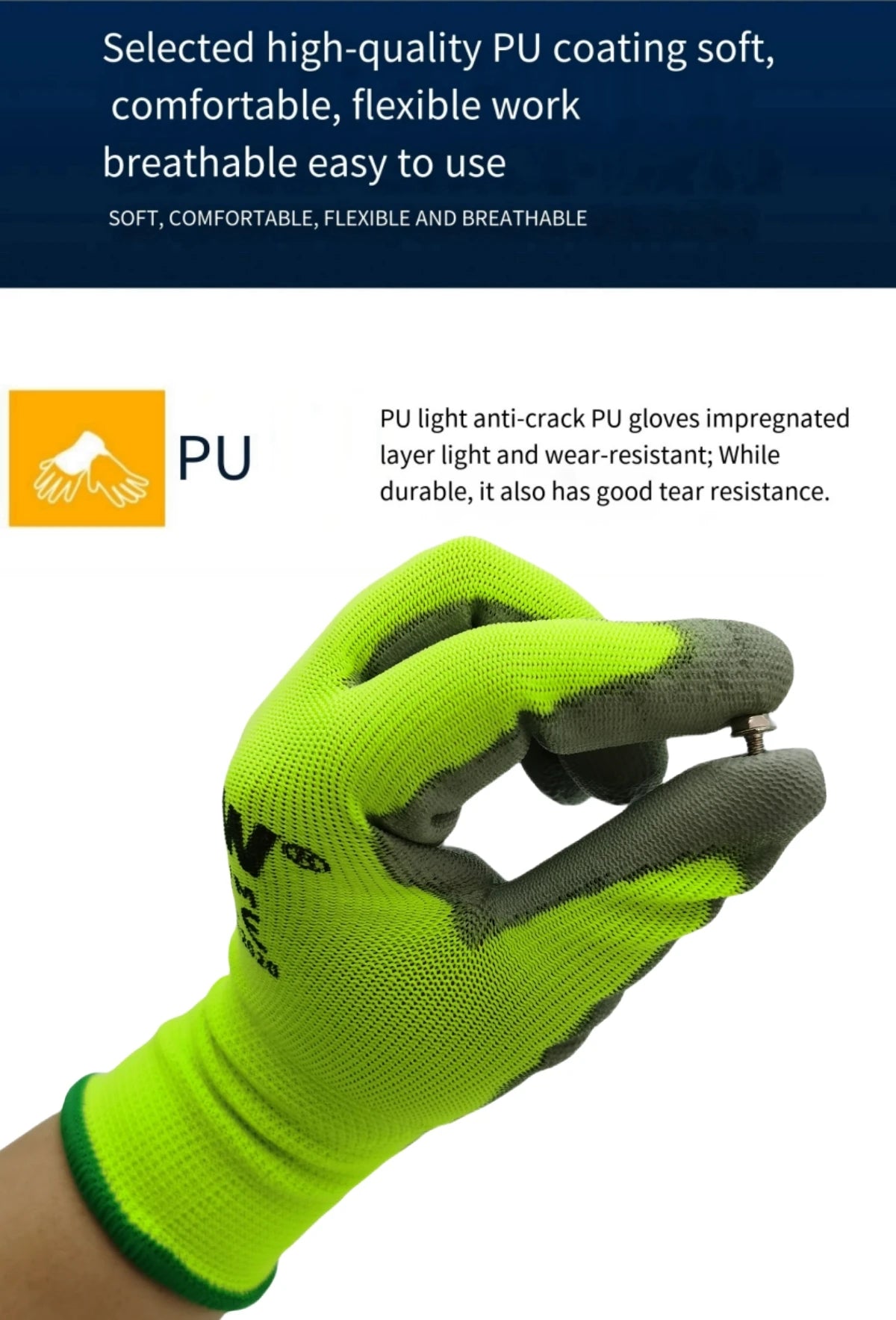 Lot de 10 paires de gants de travail enduits de PU - Gants de sécurité légers et résistants, certifiés EN 388/ISO 20471, tailles S/M/L/XL