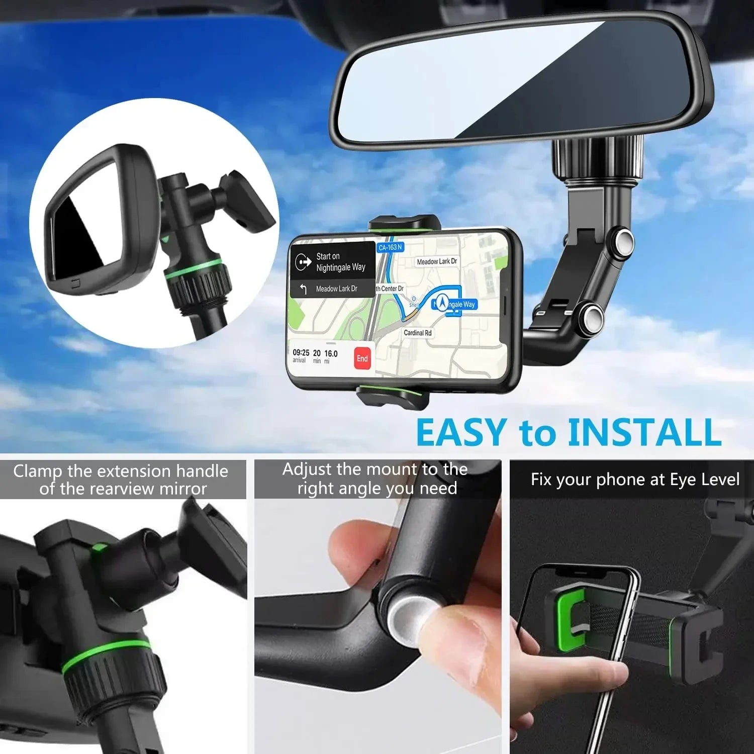 Soporte de Teléfono para Coche en Espejo Retrovisor, Soporte de Teléfono Giratorio 360°, Soporte de GPS Universal para Coche para Todos los Smartphones