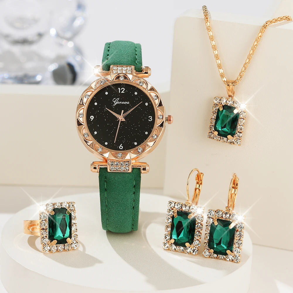 Relojes de mujer, juego de 5 piezas, lujoso, con diamantes de imitación, a la moda, elegante, de cuarzo, para niña, regalo con pulsera