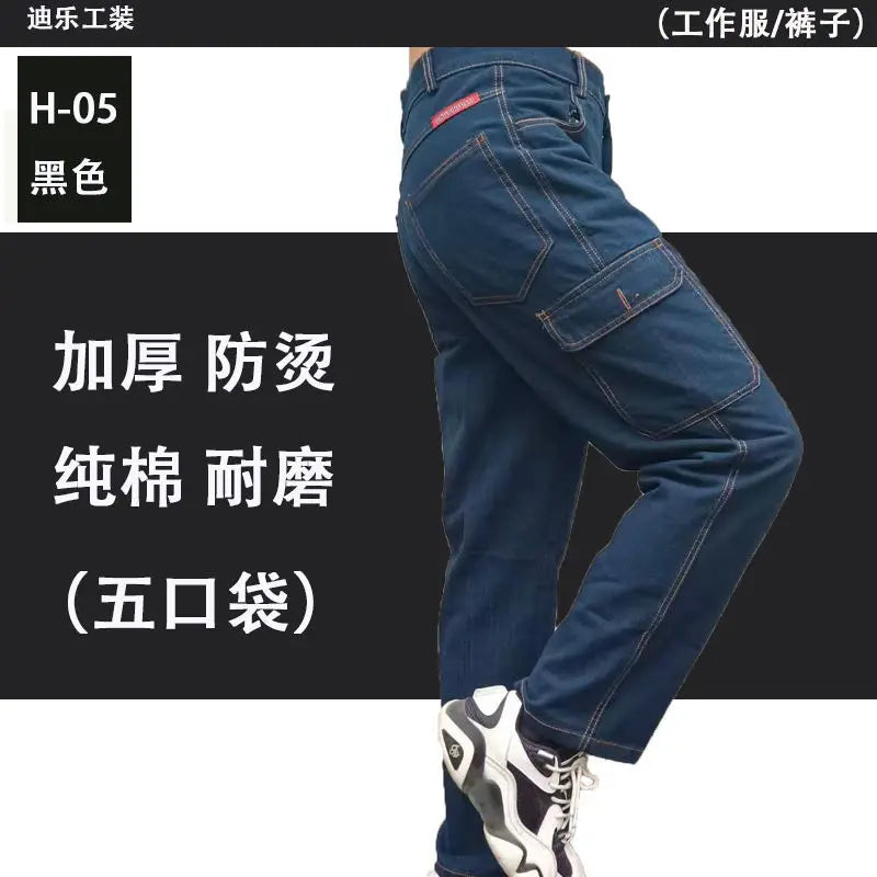 Peto pantalón ropa de hombre pantalones resistentes al desgaste anti-escaldaduras engrosamiento algodón ropa de trabajo de mezclilla pantalones de trabajo múltiples bolsillos