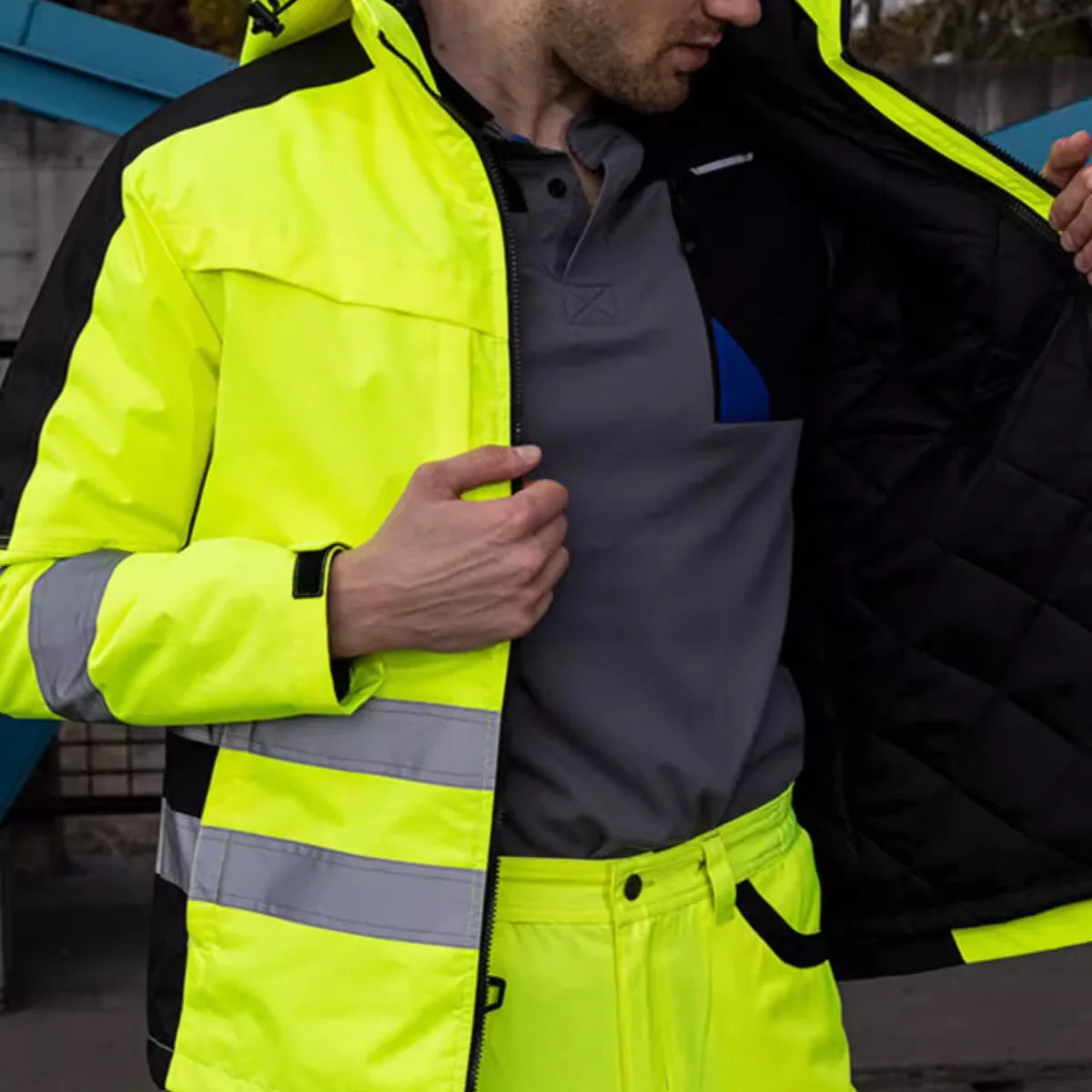 Trajes de trabajo de alta visibilidad amarillos para el invierno, conjunto de chaqueta impermeable de alta visibilidad 3 en 1 con forro y pantalones de trabajo para hombre