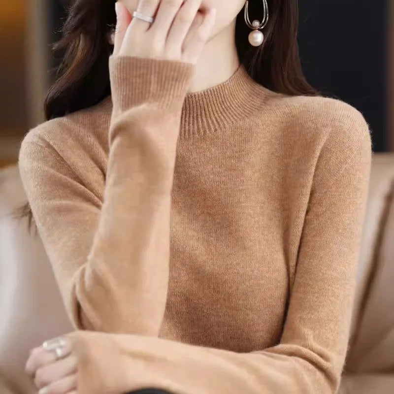 Suéter de mujer otoño invierno, camisas base cálidas casuales, cuello simulado, tejido básico, jerséis de manga larga, moda coreana