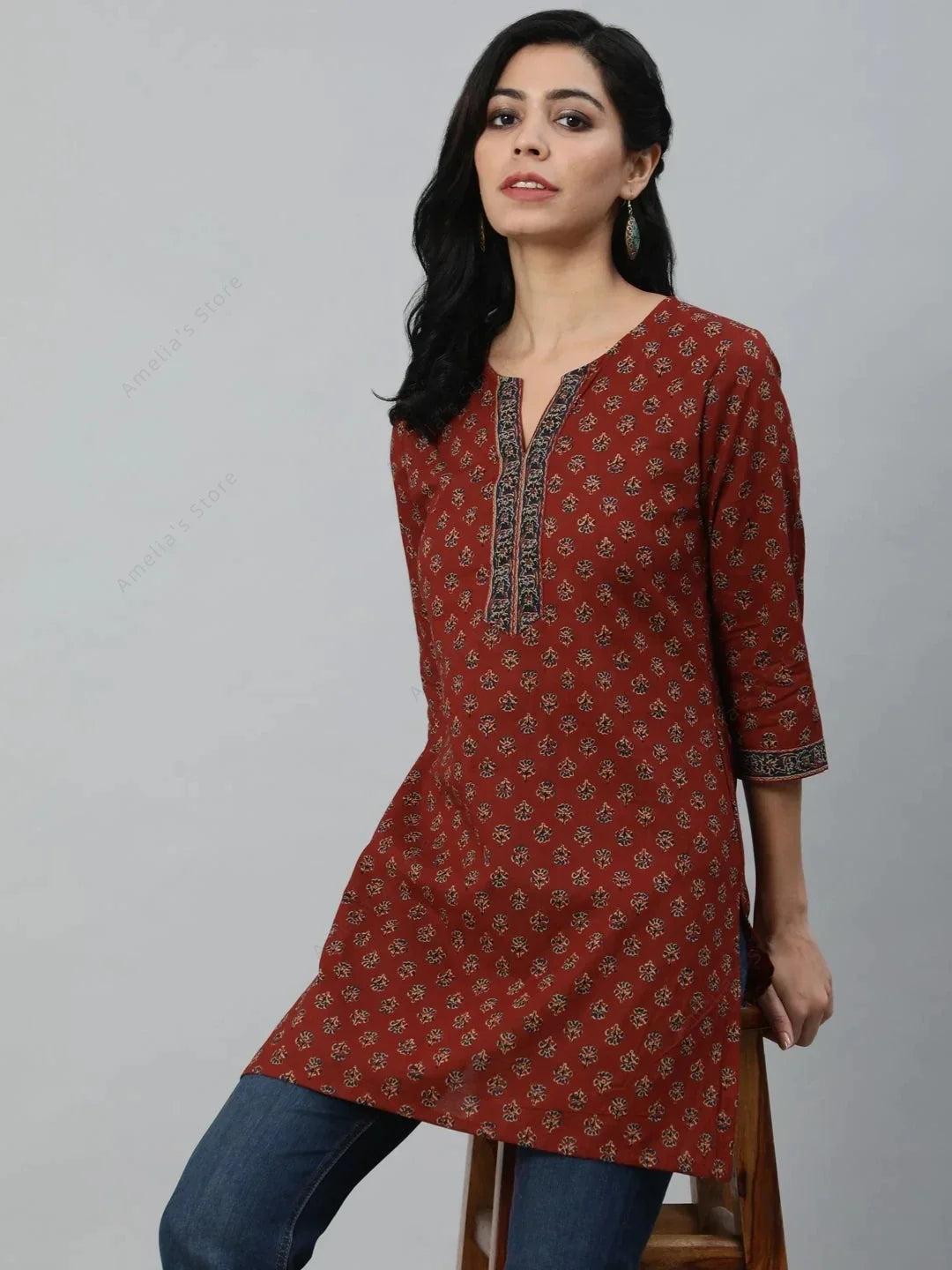 Indian Ethnic Women's Printed Kurta Top Lightweight Flannel Cotton with Three-Quarter Sleeves 4 Color Options India Dress