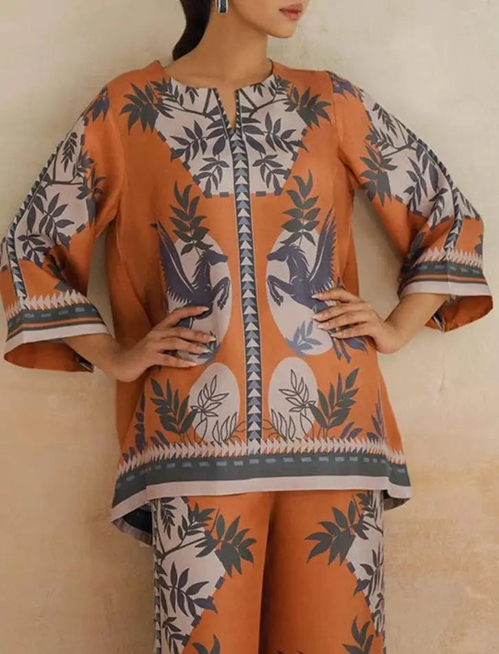 Conjunto de pantalones largos estampados para mujer, elegante camisa de manga larga con cuello en V, pantalón ancho holgado, traje de verano de 2 piezas para mujer, estilo urbano