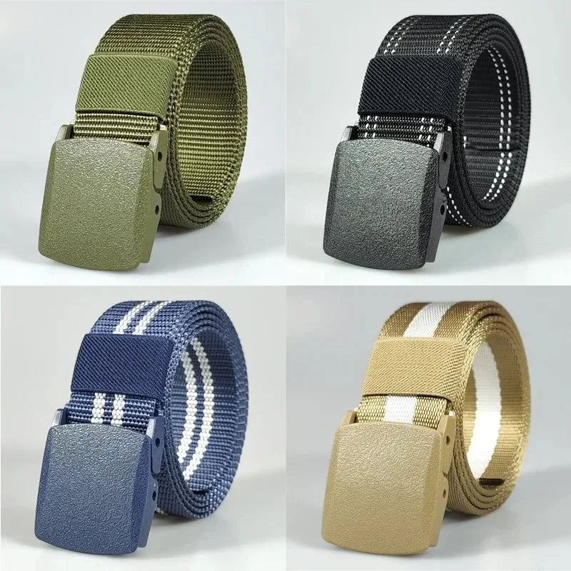 Ceintures en nylon à boucle automatique pour femmes, en toile, pour voyage en plein air, pantalons de sport haut de gamme, ceintures non métalliques pour hommes, blanc, noir, bleu, rouge