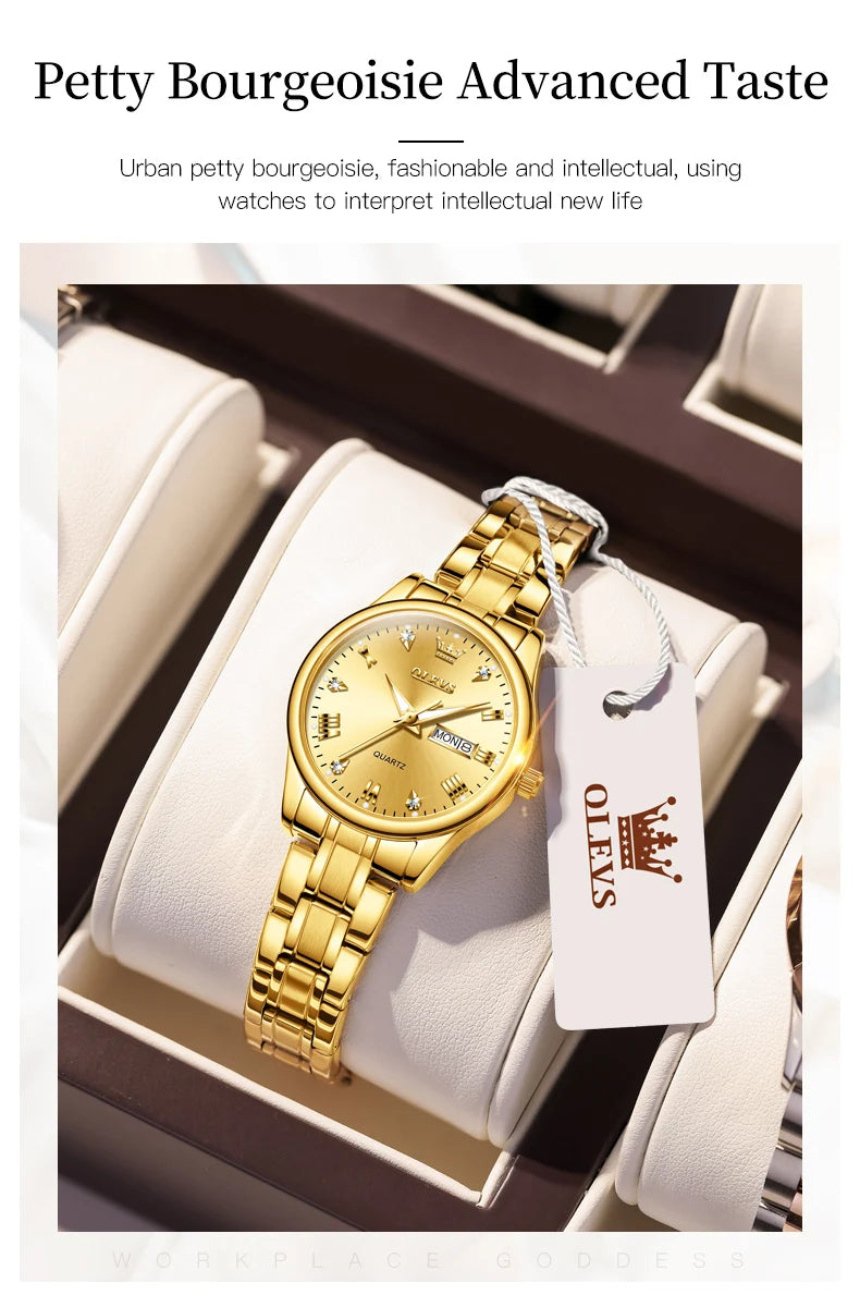 OLEVS Reloj de pulsera para mujer, relojes originales para mujer, de acero inoxidable impermeable, de lujo, de cuarzo, reloj de pulsera para mujer, dorado, Reloj Hombre