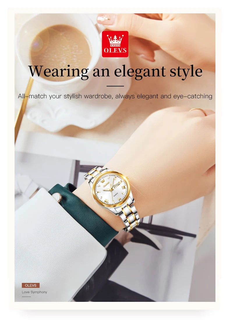 OLEVS Reloj de pulsera para mujer, relojes originales para mujer, de acero inoxidable impermeable, de lujo, de cuarzo, reloj de pulsera para mujer, dorado, Reloj Hombre