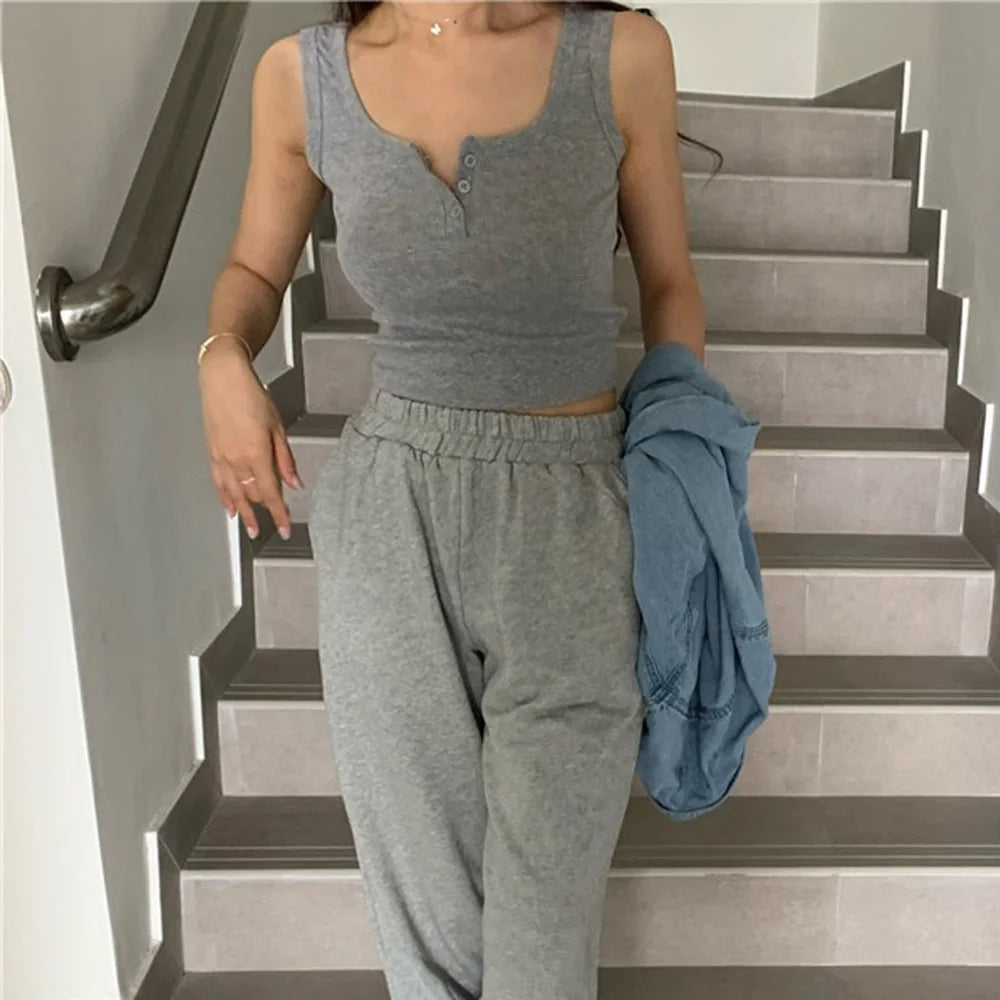 Camiseta sin mangas para mujer de canalé con botones, blusa sin mangas, color liso, informal, para mujer y adolescente, moderna, básica, vestidos de verano