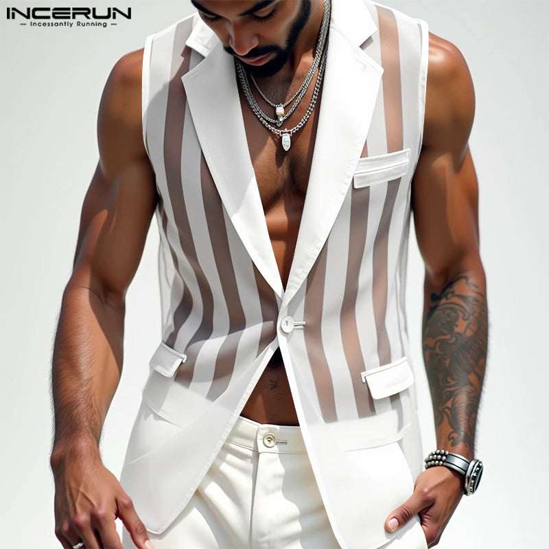 Men Vests Mesh Striped Transparent Sexy Lapel Sleeveless One Button Male Waistcoats Streetwear 2025 Fashion Casual Vests INCERUN