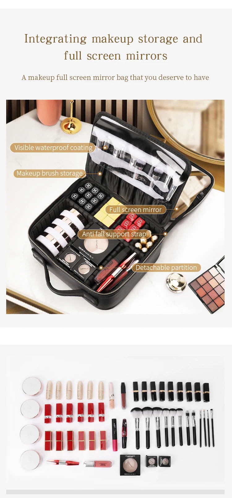 Bolsa de maquillaje, neceser de viaje de gran capacidad, impermeable, organizador de cosméticos con compartimento para brochas de maquillaje y asa para mujer