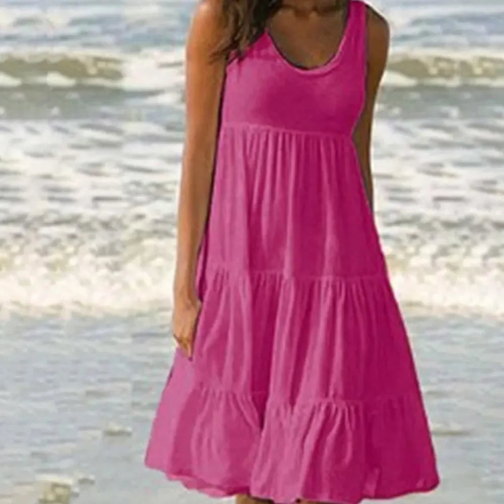 Vestido casual de mujer con cuello redondo, sin mangas, con volantes, minivestido boho liso para playa, vestido suelto oversize, verano 2024