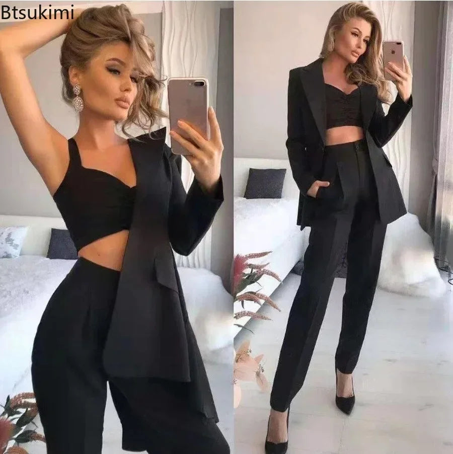 Nuevo Traje Elegante de Oficina para Mujer de 3 Piezas, Transpirable, con Cuello Vuelto, Trajes de Chaqueta y Vestido para Mujer, Chaqueta Delgada + Chaleco + Conjunto de Pantalones