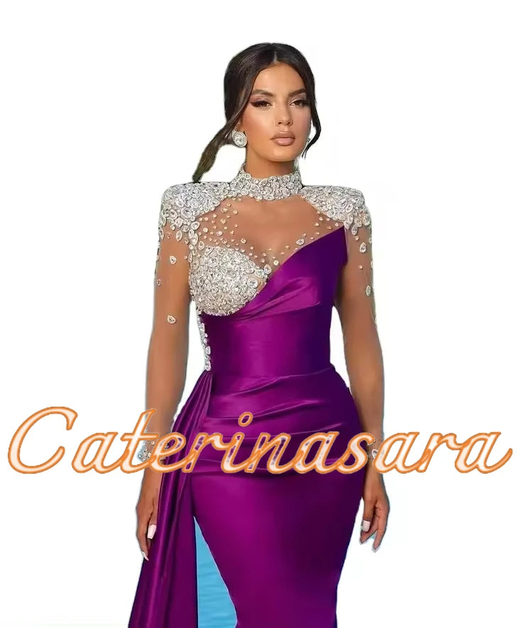 Vestidos de Noche de Lujo de Cuello Alto para Mujer, Sirena, 2024, Mangas Largas Transparentes, Vestidos de Fiesta de Boda, Graduación