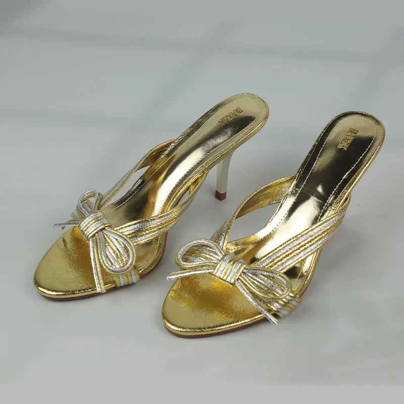 Luxury Golden High Heels Women Mules Sandals Open Toe Elegant Stiletto Summer Footwear Classic Bow Evening Party Ladies Shoes