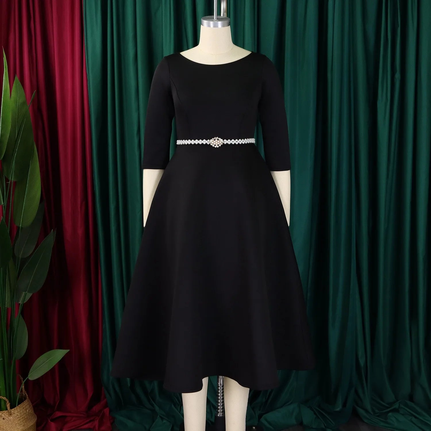 Vestidos de lujo para mujer, cuello redondo, manga larga, con cinturón en la cintura, cintura alta, plisados, línea A, hasta el tobillo, elegantes vestidos de cumpleaños para mujer