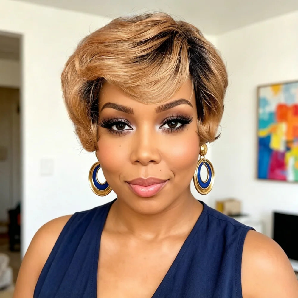 Ombre Honey Blonde Full Machine Made Human Hair Wig, Short Pixie Cut Human Hair Wigs, Fashion Short Hair Wig for Daily Summer