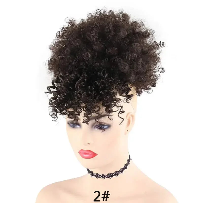 Synthetic Afro Puff Hair Bun Extensions Drawstring Ponytail With Bangs Short Kinky Curly Pineapple Clip in on Wrap Updo Ponytail