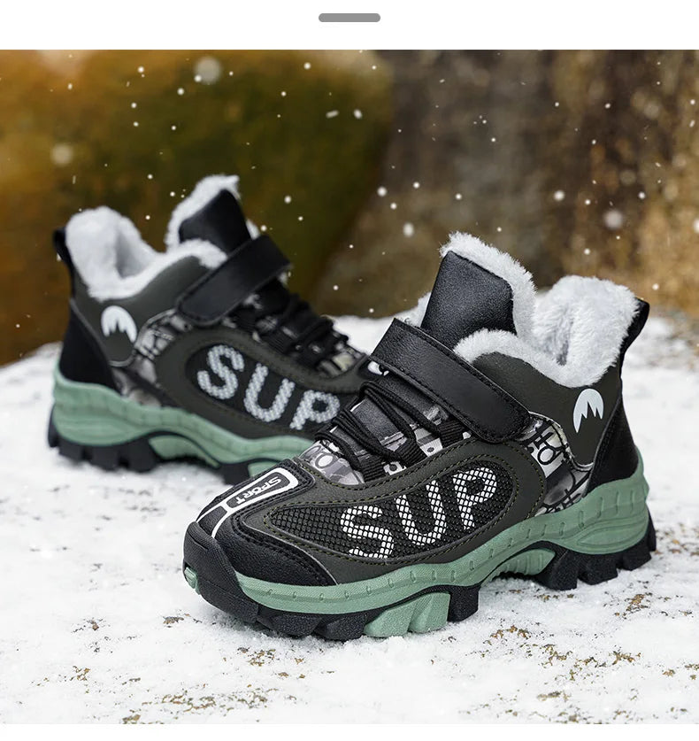 Winter Plus Velvet Hiking Shoes For Kids Non-slip Platform High Top Sports Shoes Boys Outdoor Warm Plush Children's Sneakers