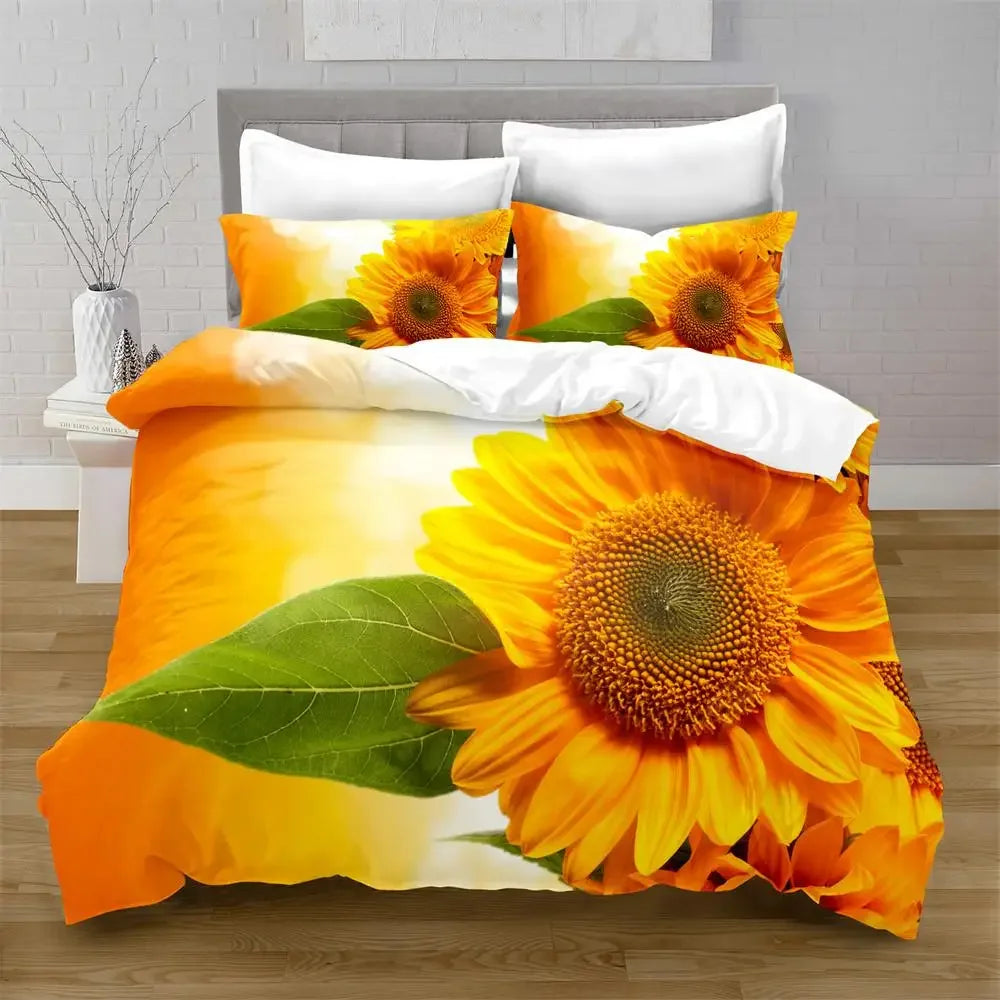 Juego de funda nórdica de girasol, flores amarillas, exuberantes girasoles en el campo, juego de cama de microfibra, estampado floral botánico, funda de edredón