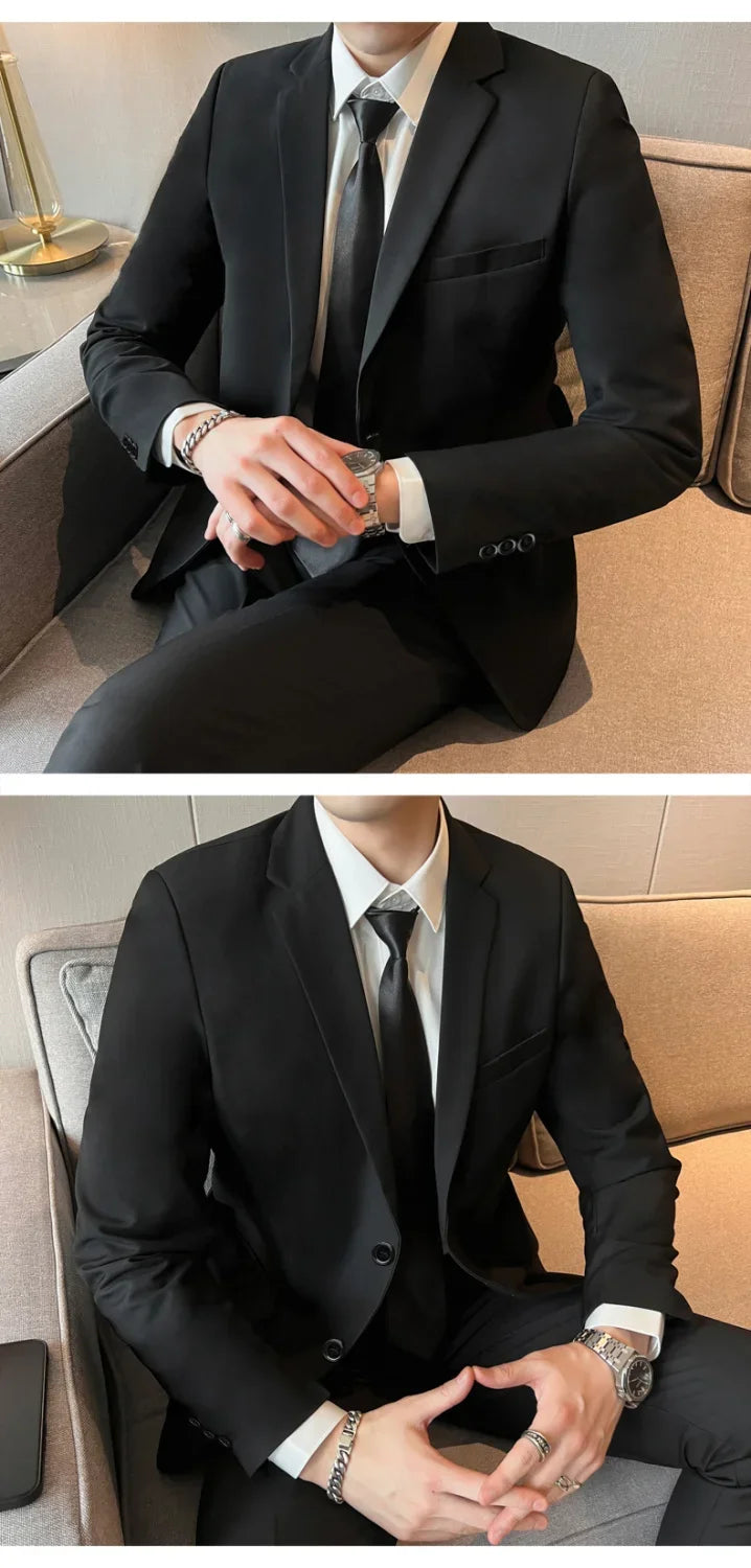 Trajes para Hombre Moda Coreana Manga Larga Ajustado Boda Negocios Blazer Negro Profesional Formal Conjuntos de Pantalones Ropa Hombre