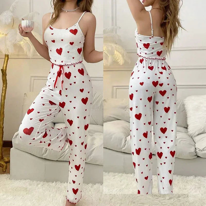 Ropa de dormir para mujer, conjuntos de pijamas de otoño e invierno, chaleco sin mangas con estampado de corazón y pantalón largo, conjunto de lencería sexy y pijamas