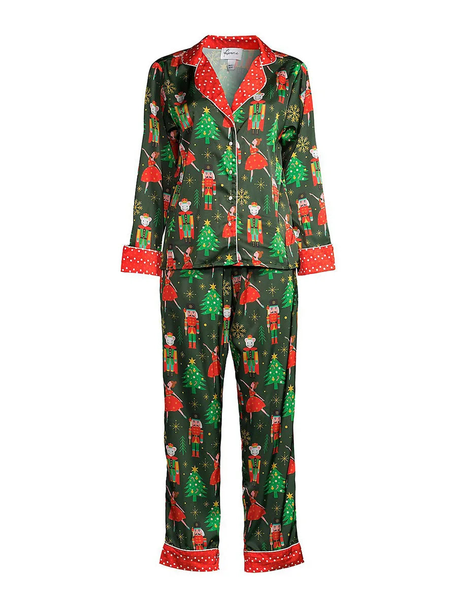 Conjunto de pijama de mujer con estampado de animales y comida, tops de manga larga con botones y pantalones, ropa de dormir para estar en casa